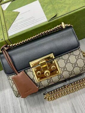 Authentic Gucci Padlock Small GG Supreme Canvas Shoulder Bag 409487 with Chain S